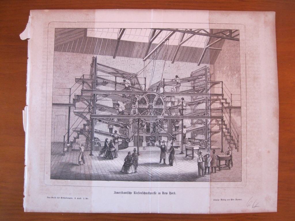 Vista de una gran máquina americana en Nueva York (Estados Unidos, América), 1864